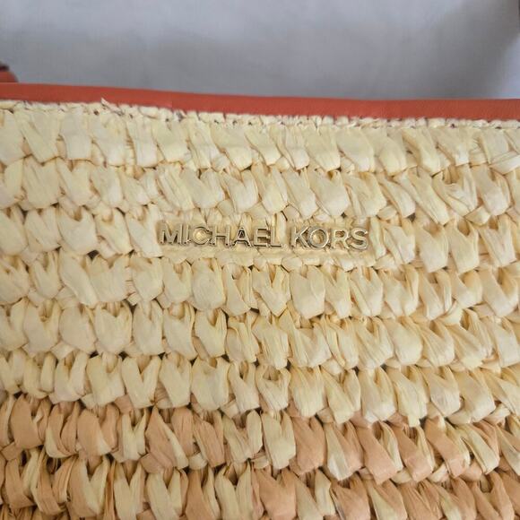 Michael Kors Pratt Medium Ombre Straw Shoulder Bag Red Clay Orange Summer Boho - Picture 5 of 15